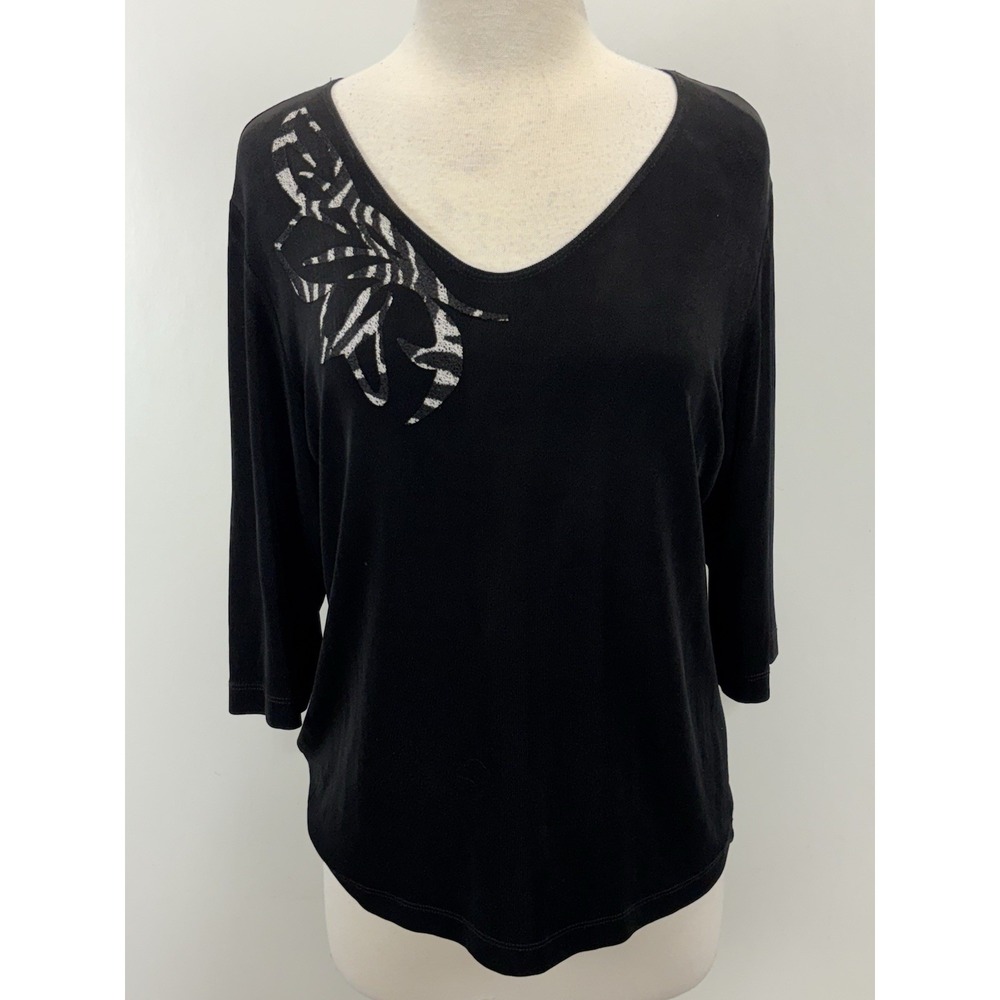 Chicos Travelers Top Shirt Sz 2 US Large Black Vneck Stretch Comfort Half Sleeve
